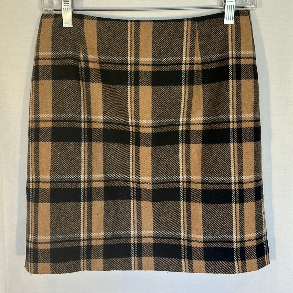Ann Taylor Tan And Black Plaid Wool Blend Skirt